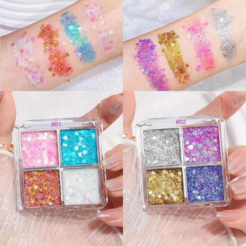 4-Color Shimmer Eyeshadow Glitter Body Face Art Loose Sequins Diamond Jewels Rhinestones Makeup Pallet Waterproof Party Festival 2