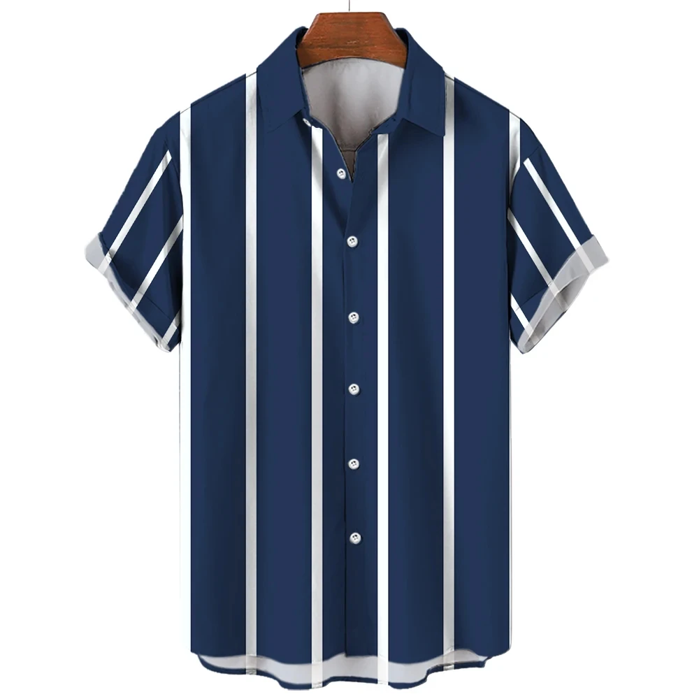 JMIERR Men's Casual Short Sleeve Button-Up Shirt – Striped Cotton Blend, Smog Blue, X-Large