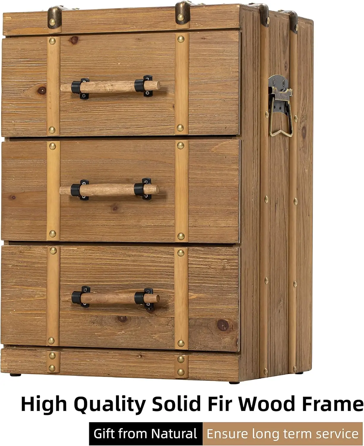 Vintage Mid Century Nightstand with 3-Drawer, Distressed Solid Wood End Table Side Table for Living Room, Bedroom