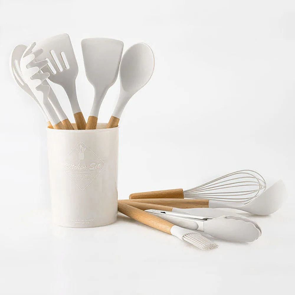 Ensemble d'ustensiles de cuisine en silicone antiadhésif, ustensiles de cuisine, spatule, pelle, batteurs à œufs, manche en bois, ensemble d'outils de cuisine, F2