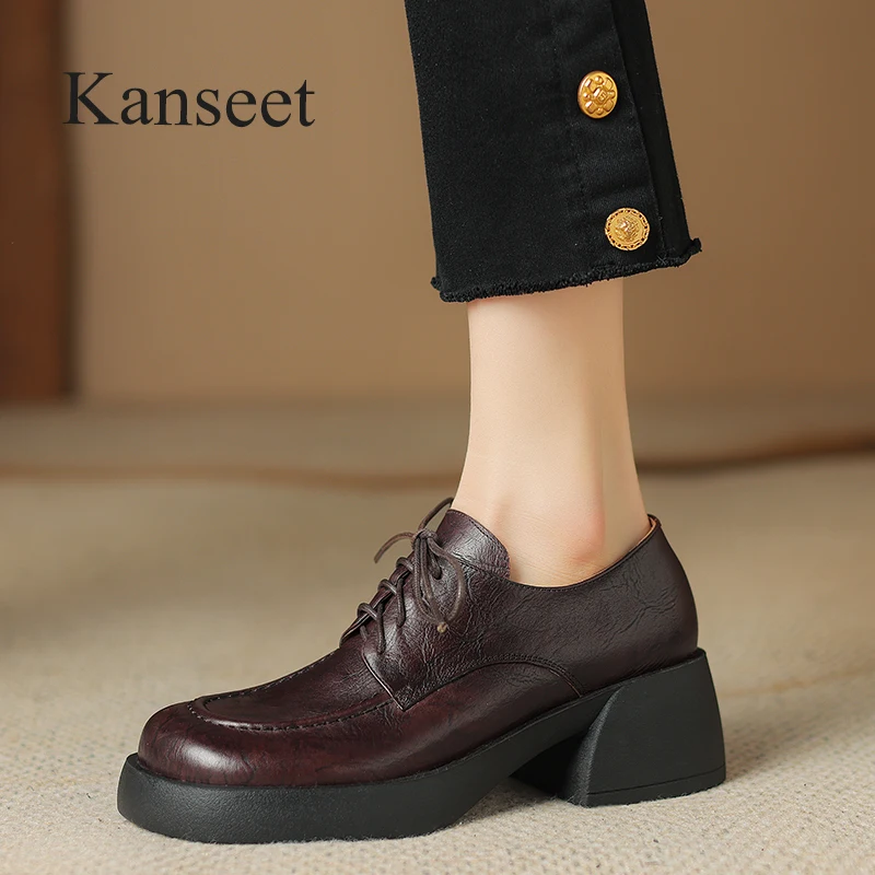 

Kanseet Vintage Loafers Spring Autumn Women Shoes Round Toe High Quality Real Leather Casual Handmade High Heel Lady Footwear 40