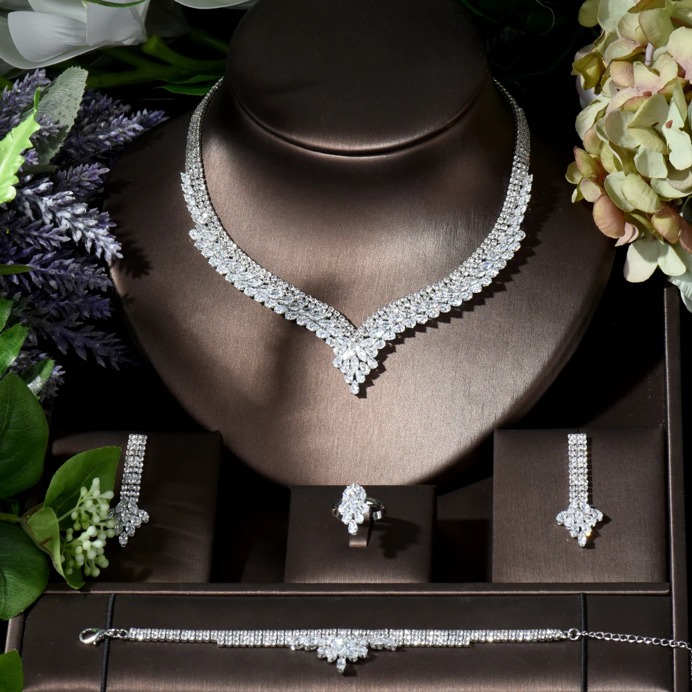 Fashion Luxury Wedding Jewelry Set Pave Cubic Zirconia Leaf Design