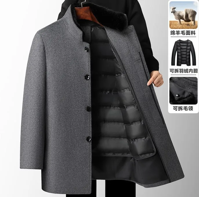 Trench da uomo Cappotto lungo da uomo Cappotto di lana stile Inghilterra da uomo Cappotto di lana con fodera in piumino d'anatra staccabile spesso da uomo caldo invernale 1