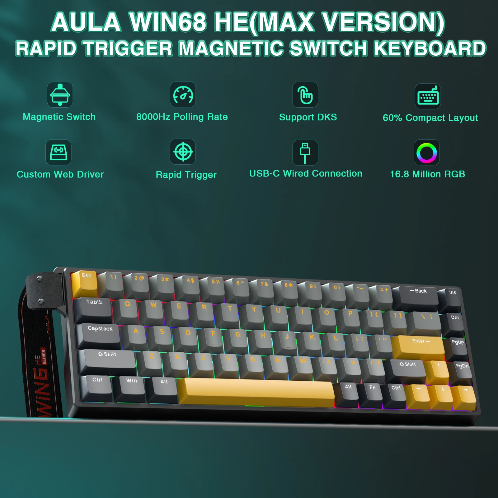 AULA WIN68 HE Pro Max Esports 마그네틱 키보드 유선 래피드 트리거 8K 리턴 RGB 핫스왑 68% 저지연 커스텀 게이밍 키보드