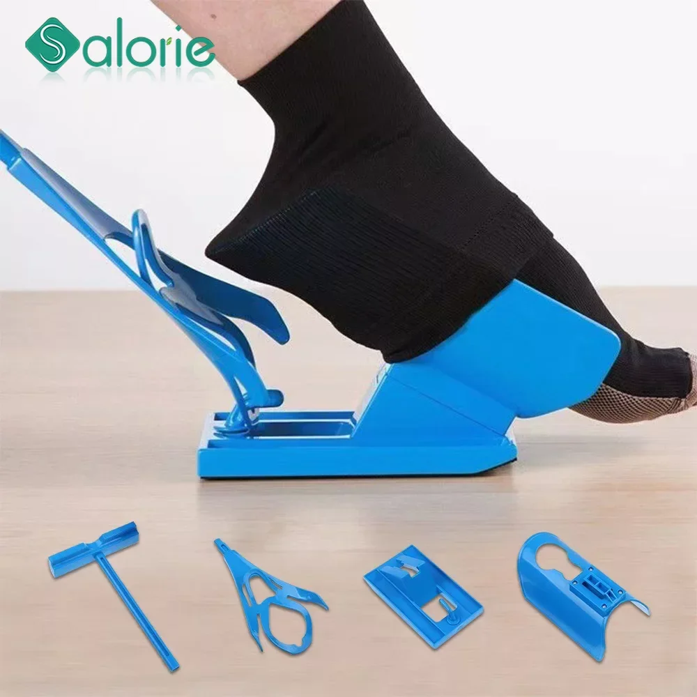 1 pc Blue Sock Aid Kit Slider Easy on Off Sock Helper Shoe Horn Pain Free No Bending Shoe Horn for Pregnancy Dressing Aids Tools