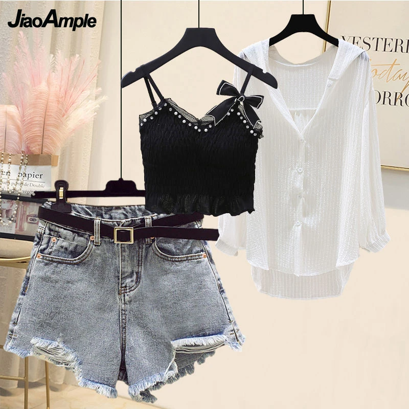 de ropa de de verano para mujer, blanca con capucha, Top corto con lazo, pantalones cortos de mezclilla, 3 piezas, 2022| | - AliExpress