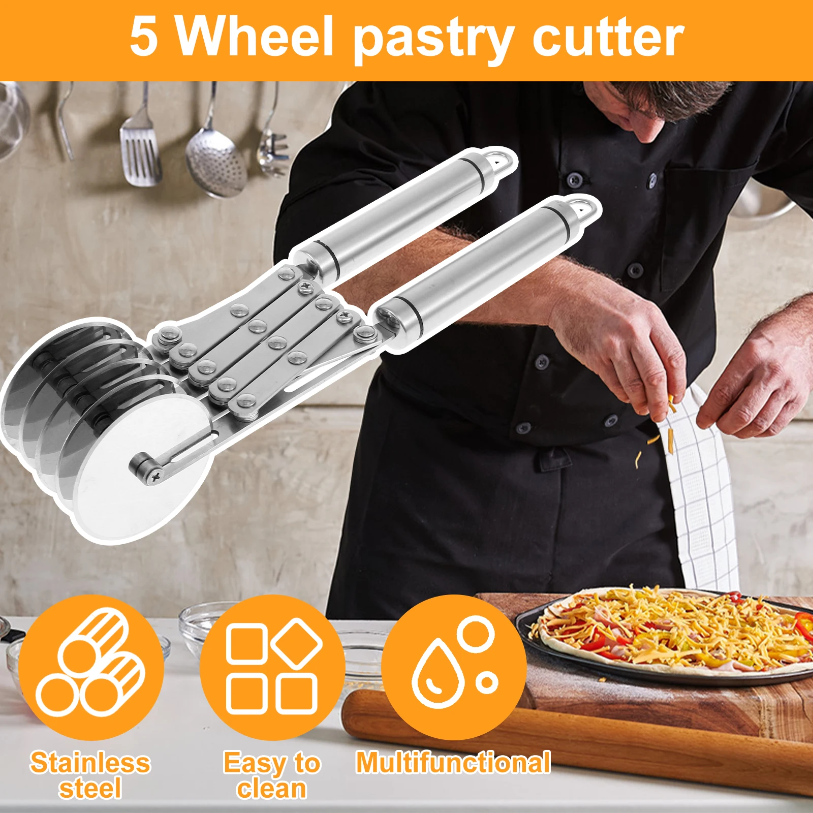 Pastry Cutter Wheel Stainless Steel 5 Wheel Pizza Cutter Adjustable Blade Spacing Safe and Easily Used Pie Pasta baking tool baking accessories