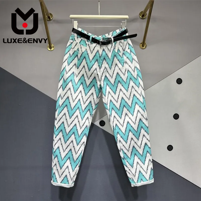 

LUXE&ENVY Thin Blue White Wavy Line Printed Dyed Jeans Women Europe. 2023 Summer New High Waist Slim Carrot Haren Pants