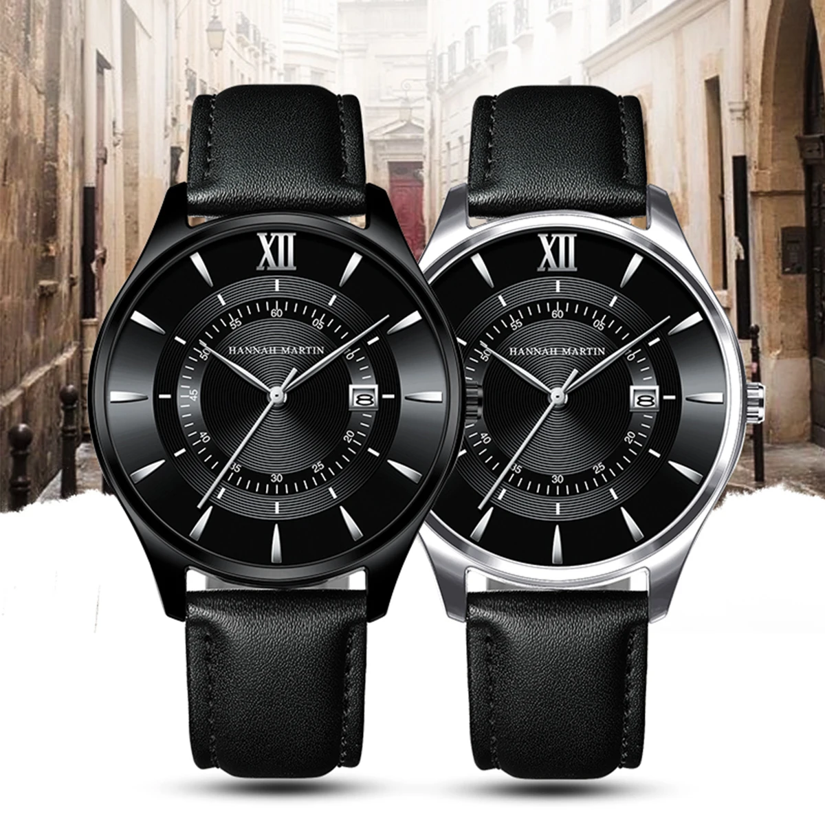 Hannah Martin Dropshipping Black Leather Watches Top Casual Fashion 42mm Business Style Gift Mens Quartz Wristatch Reloj Hombre 6