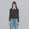 Openyy striped splicing fake two-piece slim fit knitted cardigan sweater wool base sweater 1