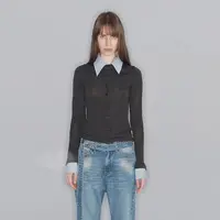 Openyy striped splicing fake two-piece slim fit knitted cardigan sweater wool base sweater 1