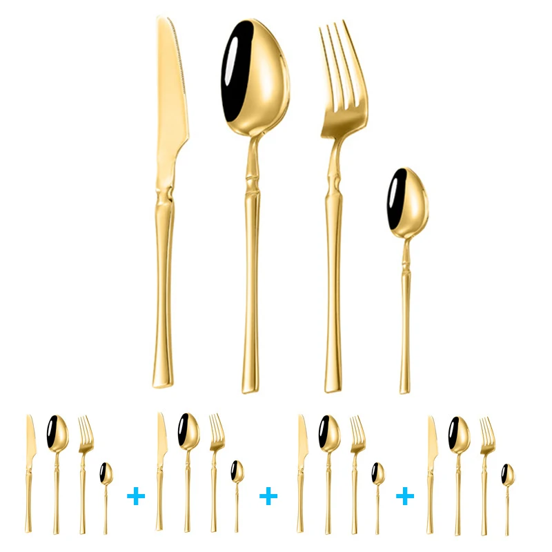 

16pcs Tableware Set High Glossy Stainless Steel Flatware Cutlery Golden Spoon Fork Knife Dinnerware Silverware