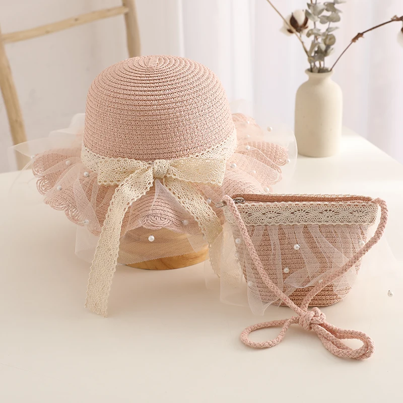Child Straw Hat Shoulder Bag Set Kids Hats Summer Girl Cute Sweet Lace Bow Beach Hat Travel Anti-UV Breathable Sun Cap