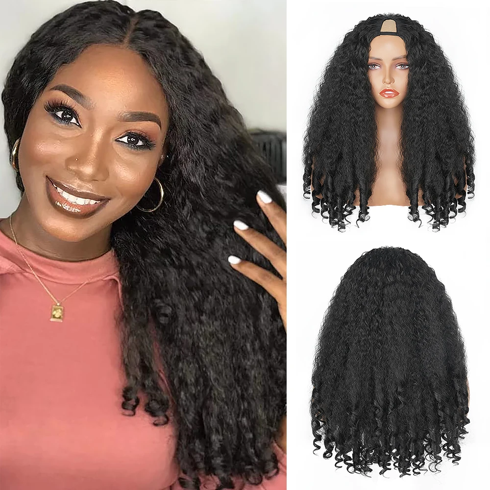 

Afro Kinky Curly V Part Wig Synthetic Yaki Kinky Straight with Bouncy Curly Ends Fluffy Hair for Women No Leave Out Glueless Wig