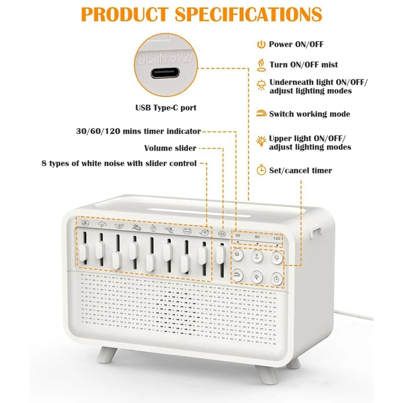 White Noise Machine Diffuser Air Aroma Diffuser Humidifier With 8 White Noise Adjustable, Night Light, Bluetooth Speaker 5
