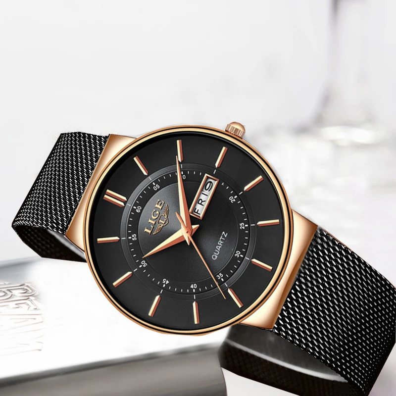 LIGE Women's Luxury Ultra-Thin Quartz Watch with Mesh Stainless Steel Band - Waterproof Gift Set with Box