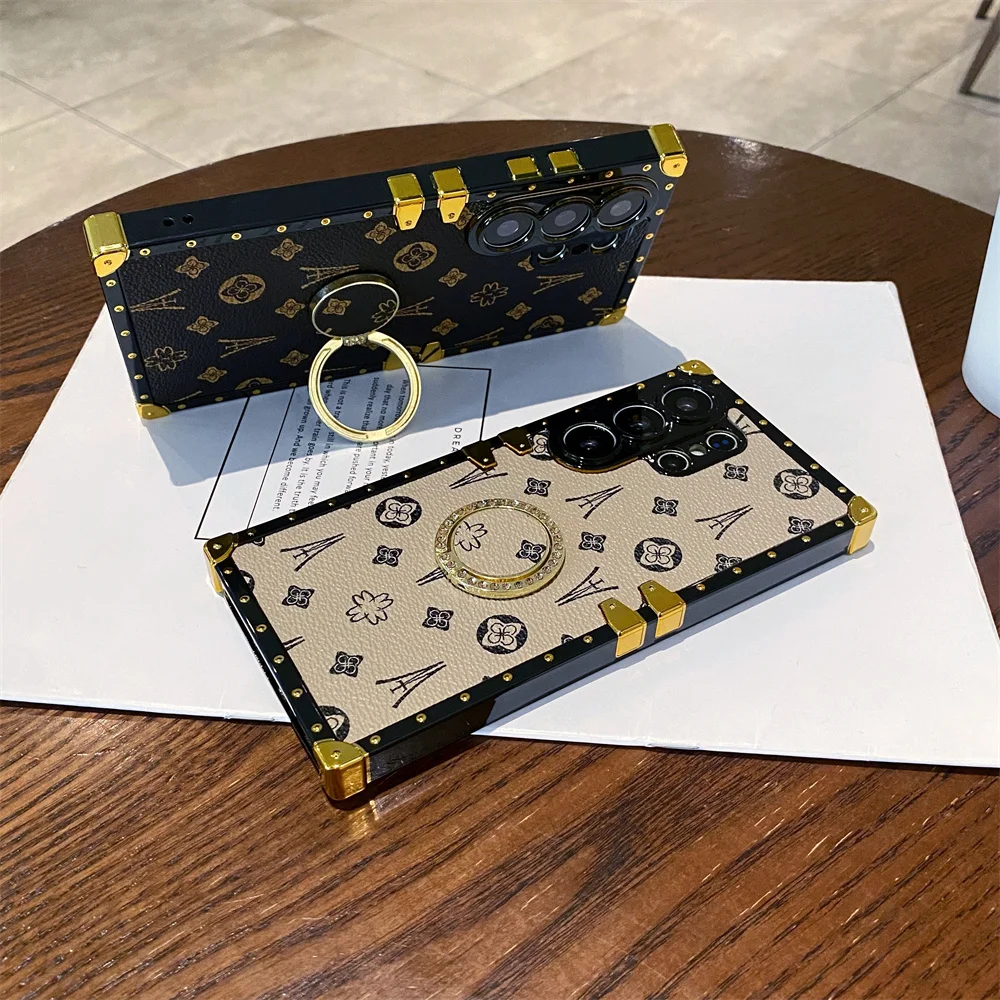 Elegant PU Leather Ring Bracket Plating Case with Flower Diamond Stand Cover