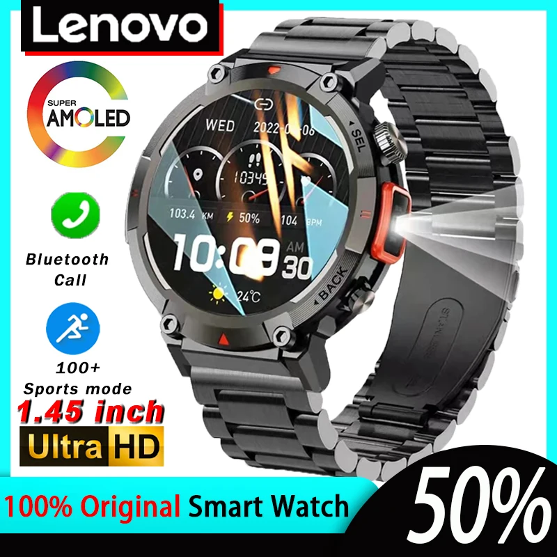 

Lenovo Men Smartwatch Outdoor Sport Bluetooth Call Smart Watch With Flashlight Heart Rate IPX7Waterproof Watches For Android IOS
