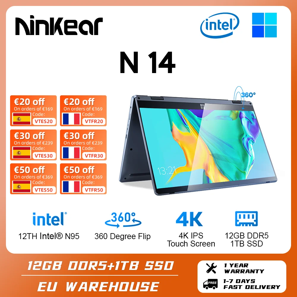 Notebook Ninkear N14 Laptop Touchscreen 4K Da 14 Pollici 12Th Processore Intel N95 12Gb Ddr5 + 1Tb Ssd Windows 11 Notebook Ultraleggero