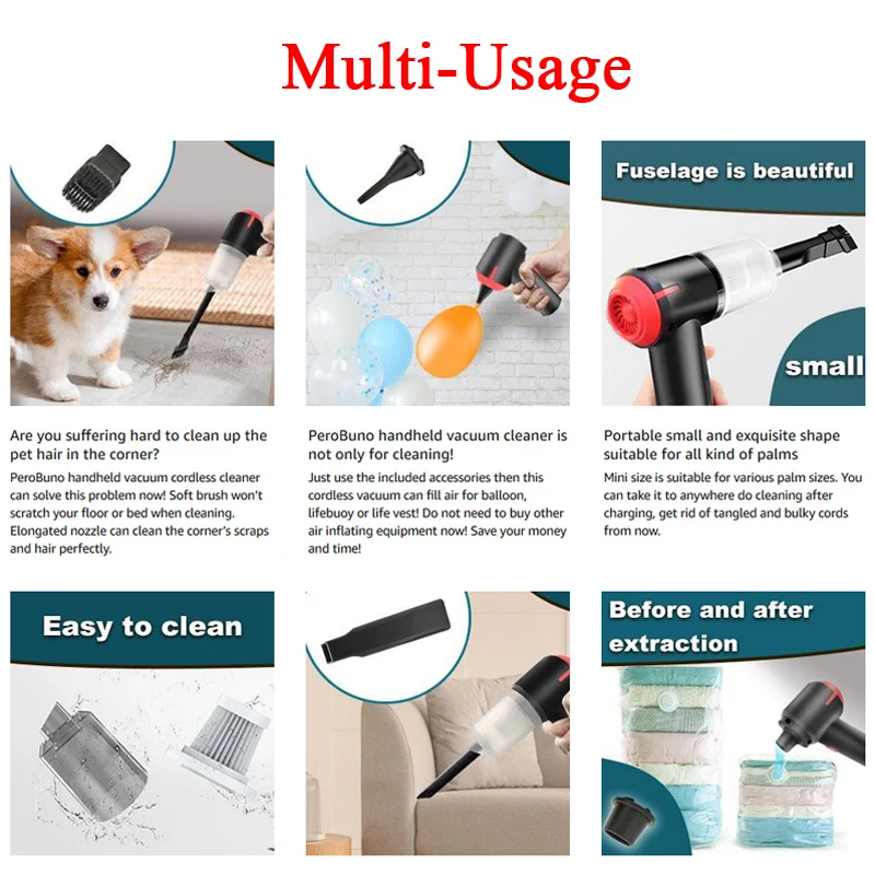 9000Pa 3in1 Handheld Vacuum Cleaner & Cordless Air Blower, Mini Air Duster Cleaner for Computer, Laptop, PC, Car Interior, Home