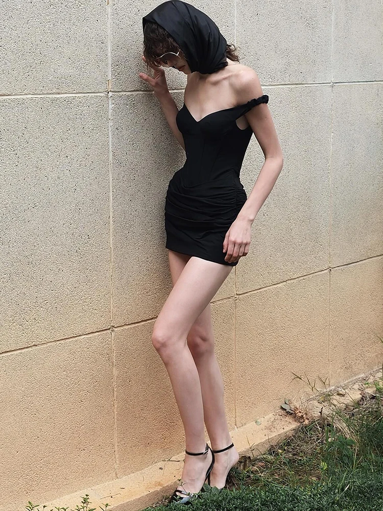 Nibber Ruched Fashion Dress Women Sexy Slash Neck Classic Basics  Sleeveless Simple Party Clubwear Stretch Y2K Hottie Bodycon