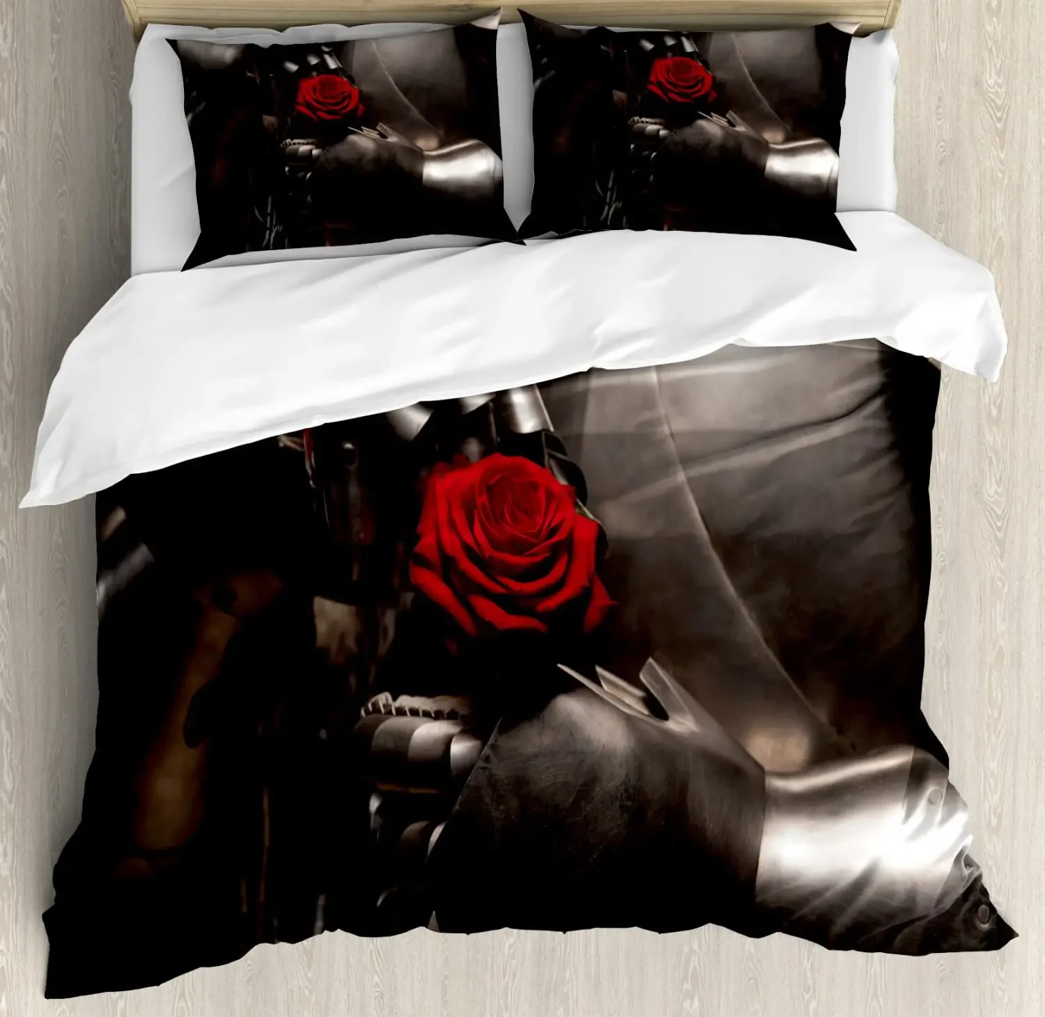 Medieval Duvet Cover Set, Medieval Knight Holding an Aged Old Shield Historical Theme Digital Print bedding set
