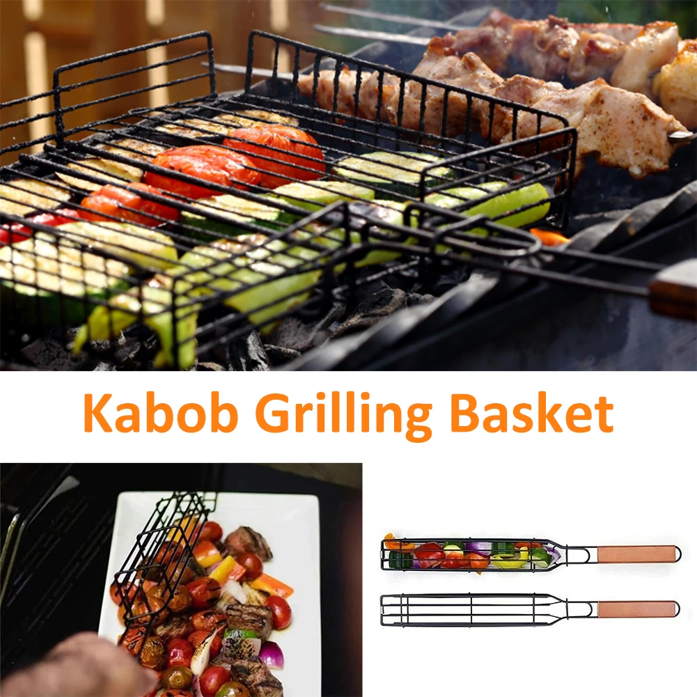 

49cm Kabob Grilling Basket Stainless Steel Grill Basket with Wooden Handle Non-Stick Barbeque Grill Mesh Party Camping BBQ Tool