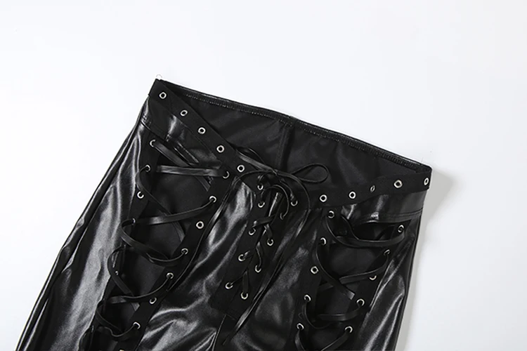 Nibber Kunstleder Bootcut Hose Damen Kreuzverband Hohlschleife Quaste Skinny Coquette Mitternachtsmusik Festival Wild Streetwear – Detail 6