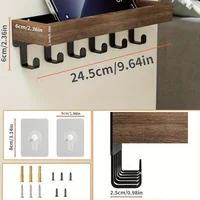 Rustic Wooden Floating Shelf with 6 Hooks Shower Caddy and Key Holder Nordic Style Storage Organizer for Home Bedroom Bathroom 6