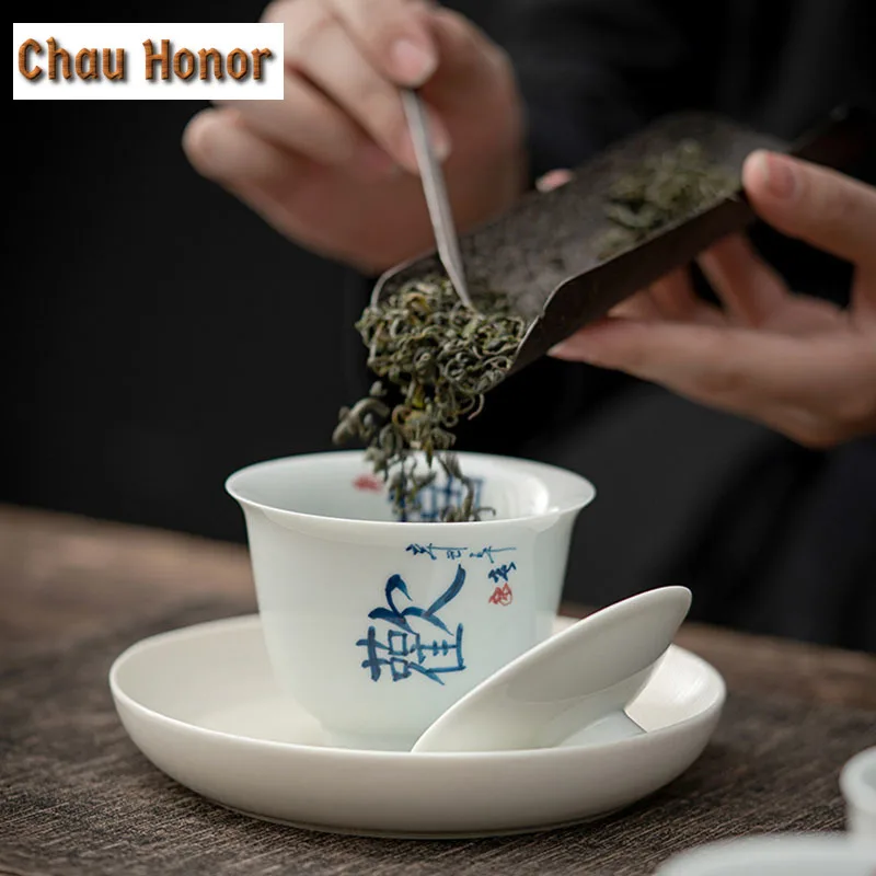 180ml White Porcelain Tureen Single Hand Painted Calligraphy Covered Bowl Tea Cup Tea Making Bowl Cup With Cover Kung Fu Tea Set