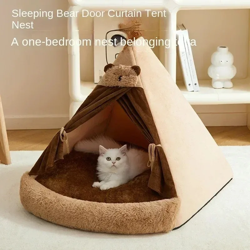 Cat House Bed Cat Nest Puppy Teepee Dog Tent with Cushion for Cats Kitten Small Dogs Puppies Pet Winter Warm Plush Enclosed Bed