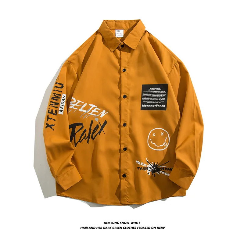 Korean Graffiti Print Long Sleeved Shirt New Autumn American Men's High-Quality Lapel Black Single Breasted Design Travel Shirt