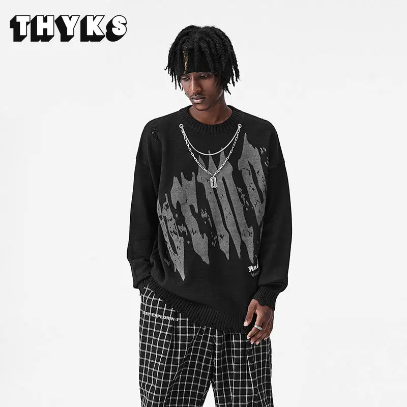 

High-Street Men's Vintage Pullover Sweater Trendy Design Letter Print Tops Casual Hip Hop Streetwear Necklace Pullover for Male