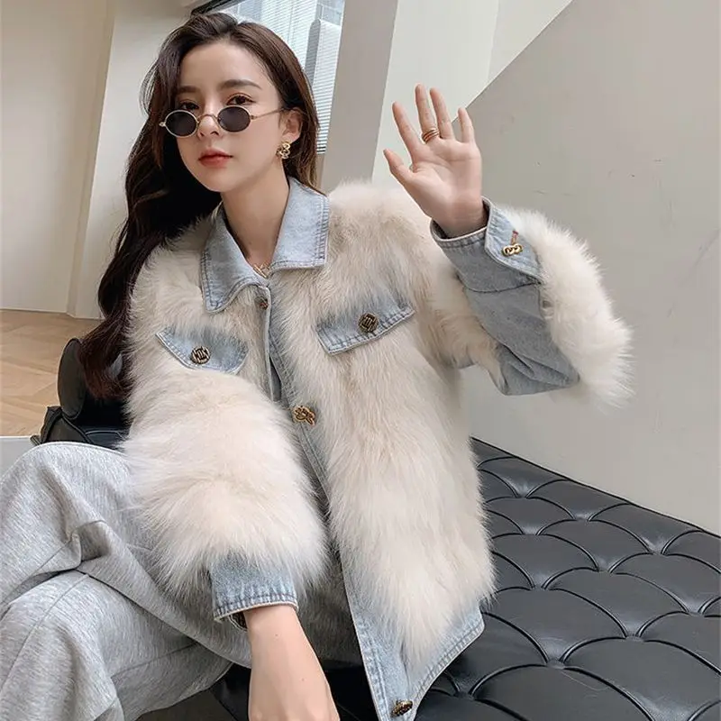 2023 Autumn and Winter New Haining Winter New Fox Fur Denim Splicing Coat Thickened Korean Short Young Hairy Female Solid Color