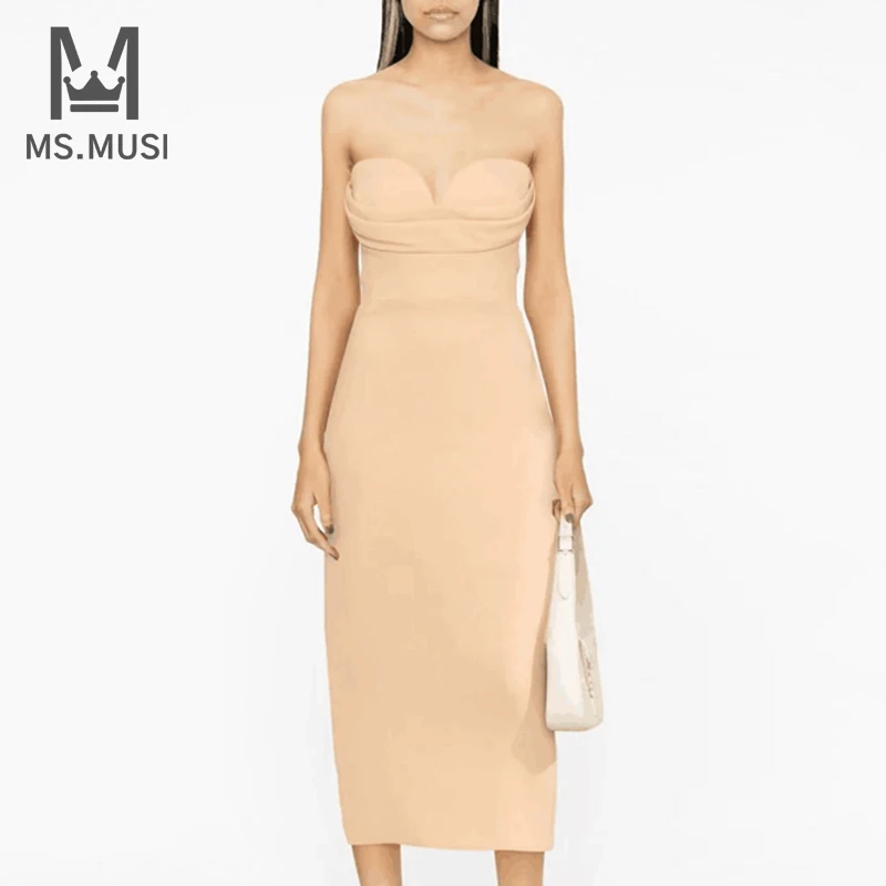 

MSMUSI 2023 New Fashion Women Sexy Strapless Sleeveless Draped Fold Backless Bandage Party Club Bodycon Event Slim Midi Dress
