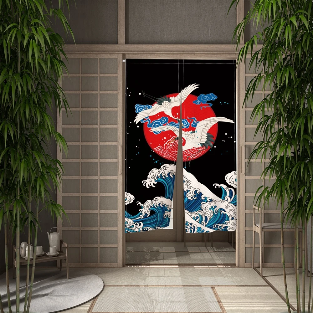 Ocean Waves Japanese Door Curtain Cherry Blossoms Doorway Curtains River Linen Drape Noren Restaurant Decor Hanging Half Curtain 3