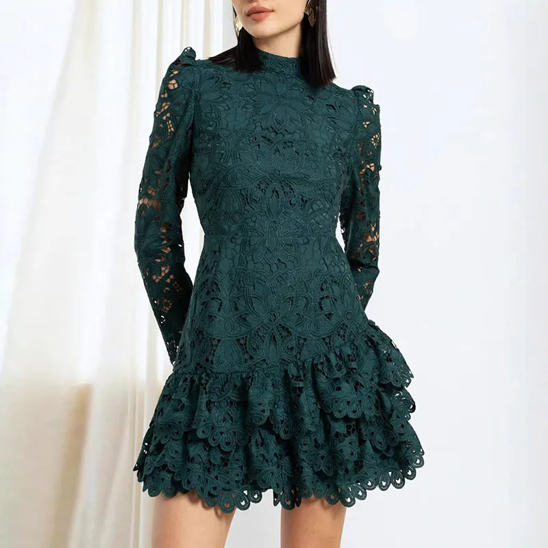 White Fit Women's High Waist Party Mini Dress Elegant Long Sleeve Hollow Out Prom Gown Luxury Lace Embroidery Slim Banquet Dress 3