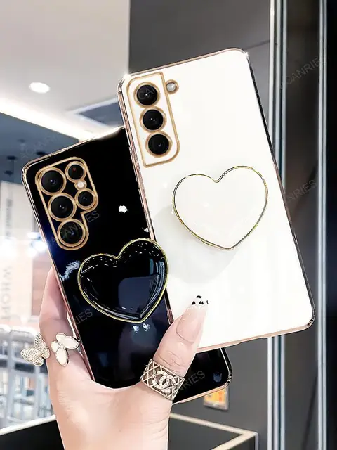 S 23 22 21 Love Heart Holder Luxury Plating Case For Samsung Galaxy S23 Ultra S22 Plus S20 S21 Fe Stand Fashion Silicone Cover