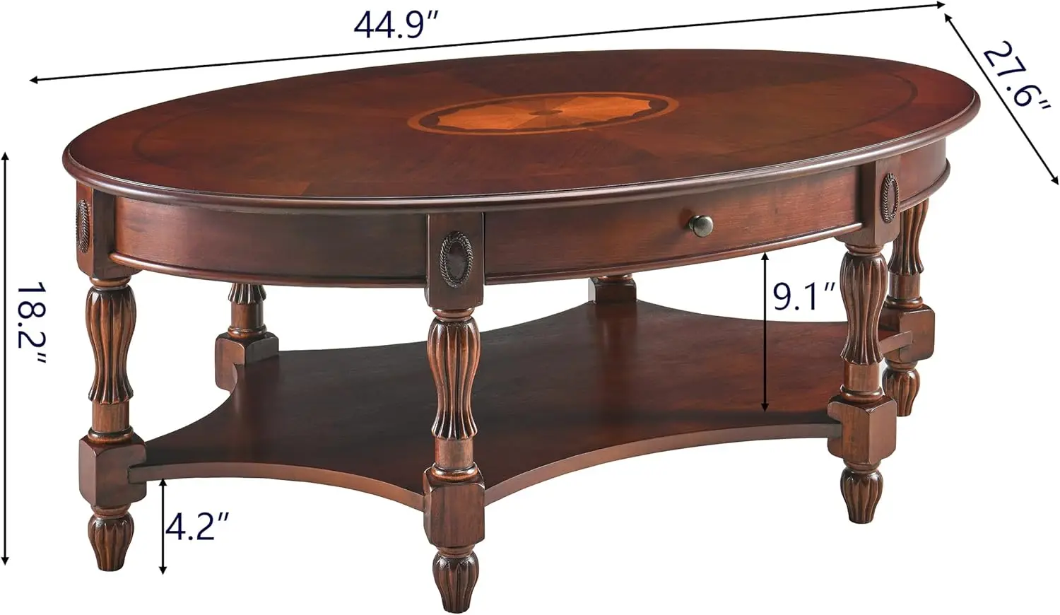 Oval Coffee Table, Cherry Solid Wood Coffee Table with Storage Drawer, Victorian Antique Vintage Coffee Tables 45"x27.6"x18.2",