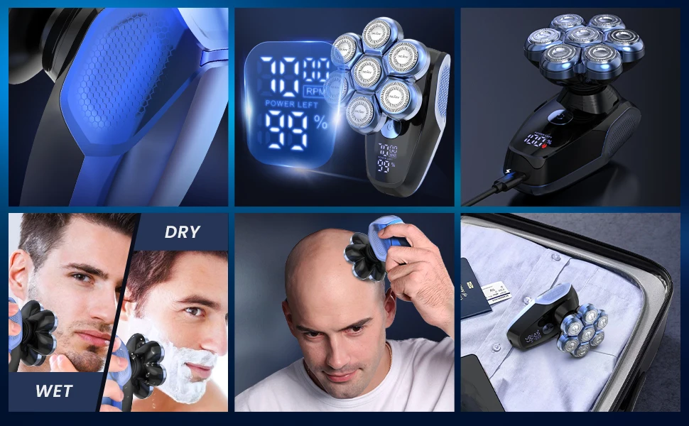 Sejoy 5 in 1 Rasoio elettrico per uomini calvi 7 lame Rasoio elettrico Tagliacapelli USB ricaricabile Display LED Barba_voghion.com