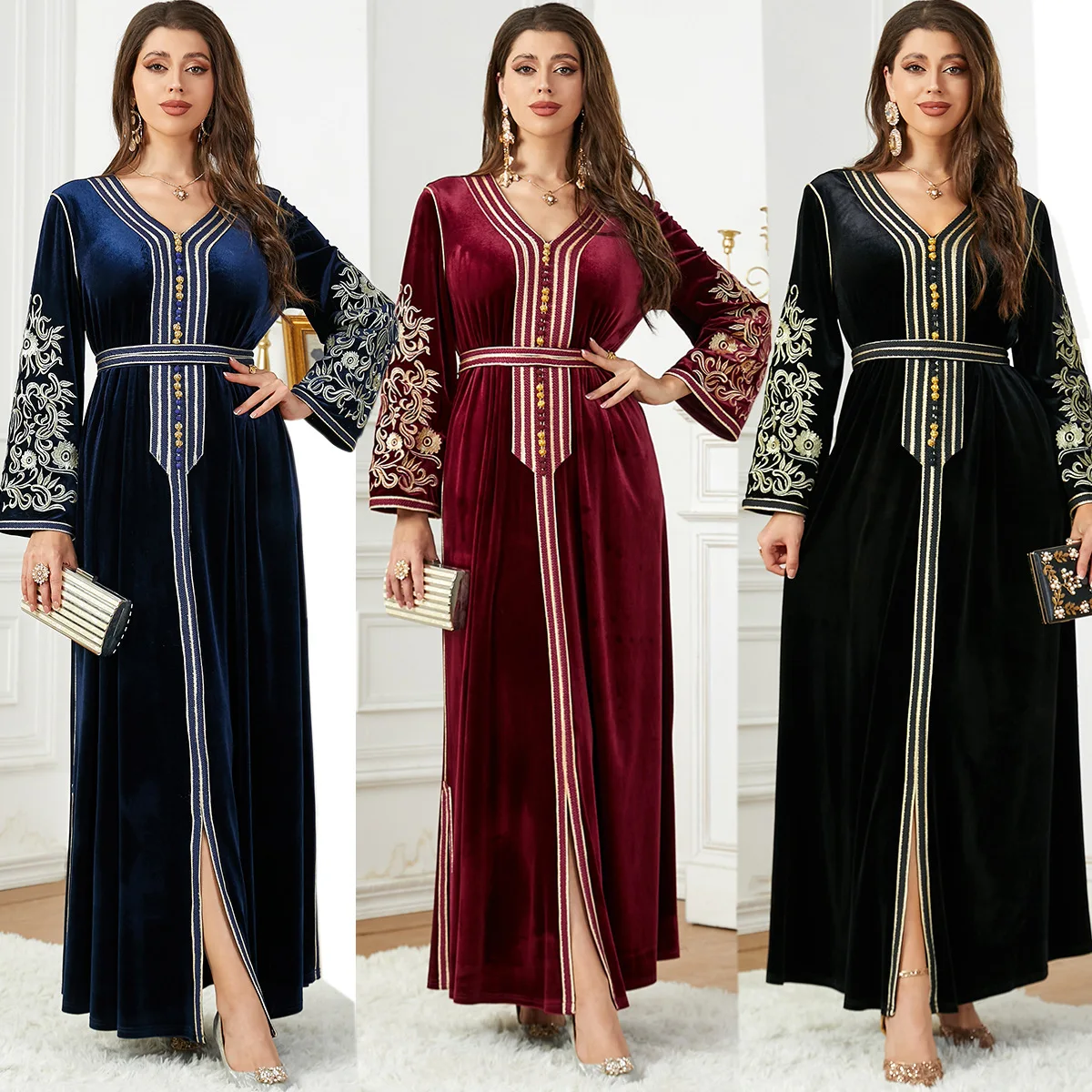 

Autumn Winter Velvet Abaya Women Morocco Embroidery Beads Maxi Dress Dubai Turkey Party Gown Islamic Jalabiya Robe Kaftan Warm