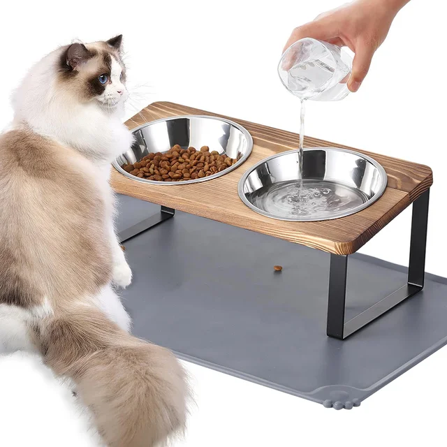 Elevated bamboo board painted cat bowl 15° tilt bracket anti-vomiting elevated cat bowl 2 stainless steel cat bowls puppy bowl