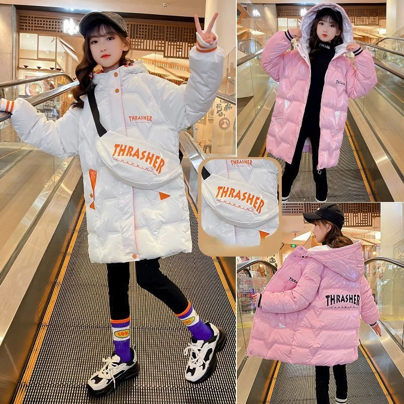 Winter No Clean Down Jacket Girls Hooded Cotton Coat Warm