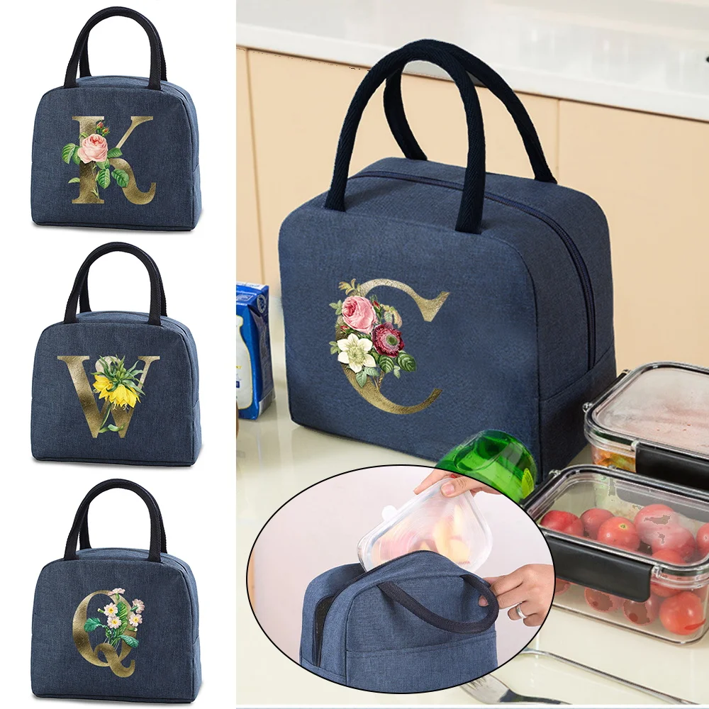 26 Initial Letter Golden Flower Print Cooler Lunch Bag Portable Insulated Bento Tote Thermal Food Travel Picnic Storage Pouch