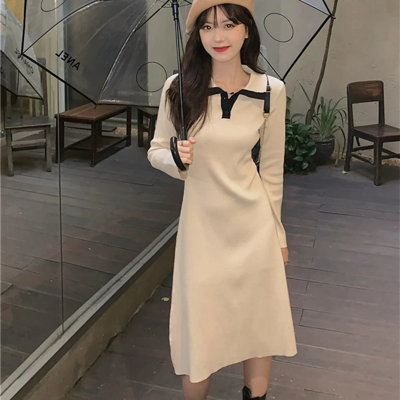 Long Sleeves Womens Knitting Dress Spring Midi Skirt Polo Collar Chic Design French Hepburn Elegant Style Fashion Female Dress bridal shops near me