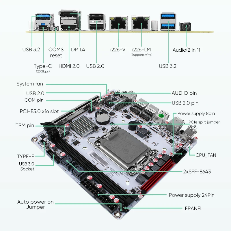 Q670 Plus Intel vPro 8-Bay NAS Motherboard 12/13/14th Gen LGA1700 3xNVMe 2xSFF-8643 1xPCIE5.0x16 2xDDR5 2x2.5G LAN ITX Mainboard 6