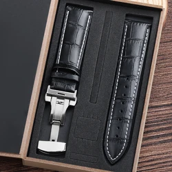 Luxury Genuine Cowhide Leather Watch Strap with Butterfly Clasp and Gift Box for 22mm (BKWH-SV)