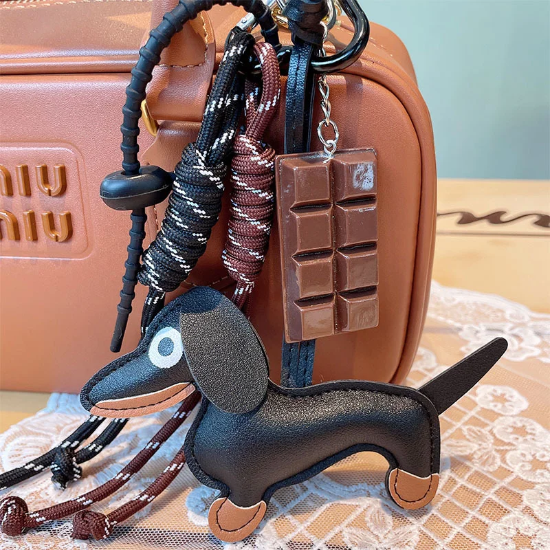 Keychain Retro Ins Style Sausage Dog Car Keychain Bag Pendant Hanging Rope Chocolate Weaving Rope Accessories 2