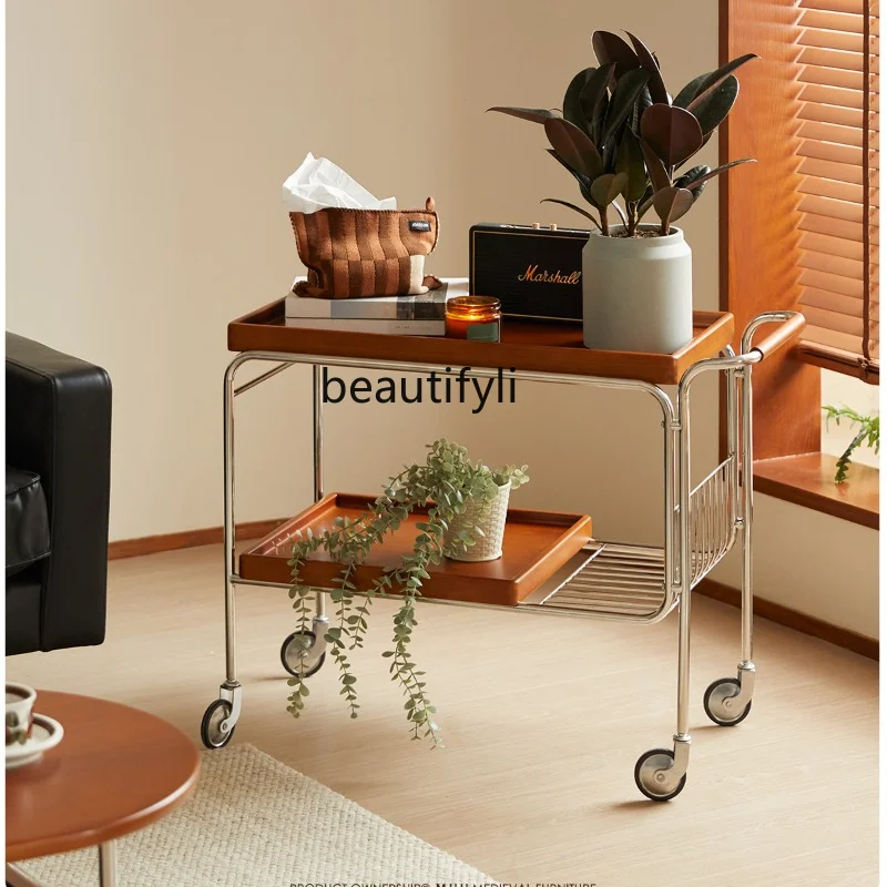 

Tea Trolley Solid Wood Sofa Side Table Retro Japanese Style Removable Coffee Table Living Room Side Cabinet Dining Car