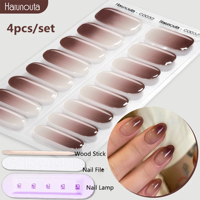 Semi Cured Gel Nail Stickers 4Pcs/set Harunouta with Nail Lamp Gradient Jelly Gel Polish UV Cured Kits